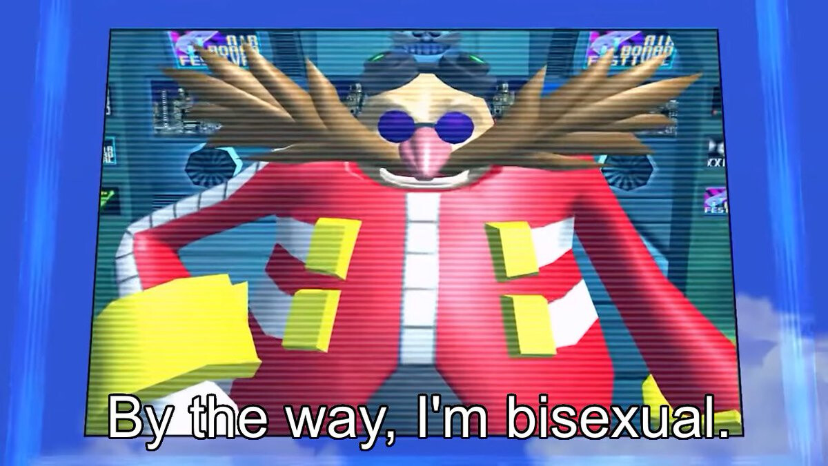 another screenshot from slightly later, where Eggman is saying "By the way, I'm bisexual."